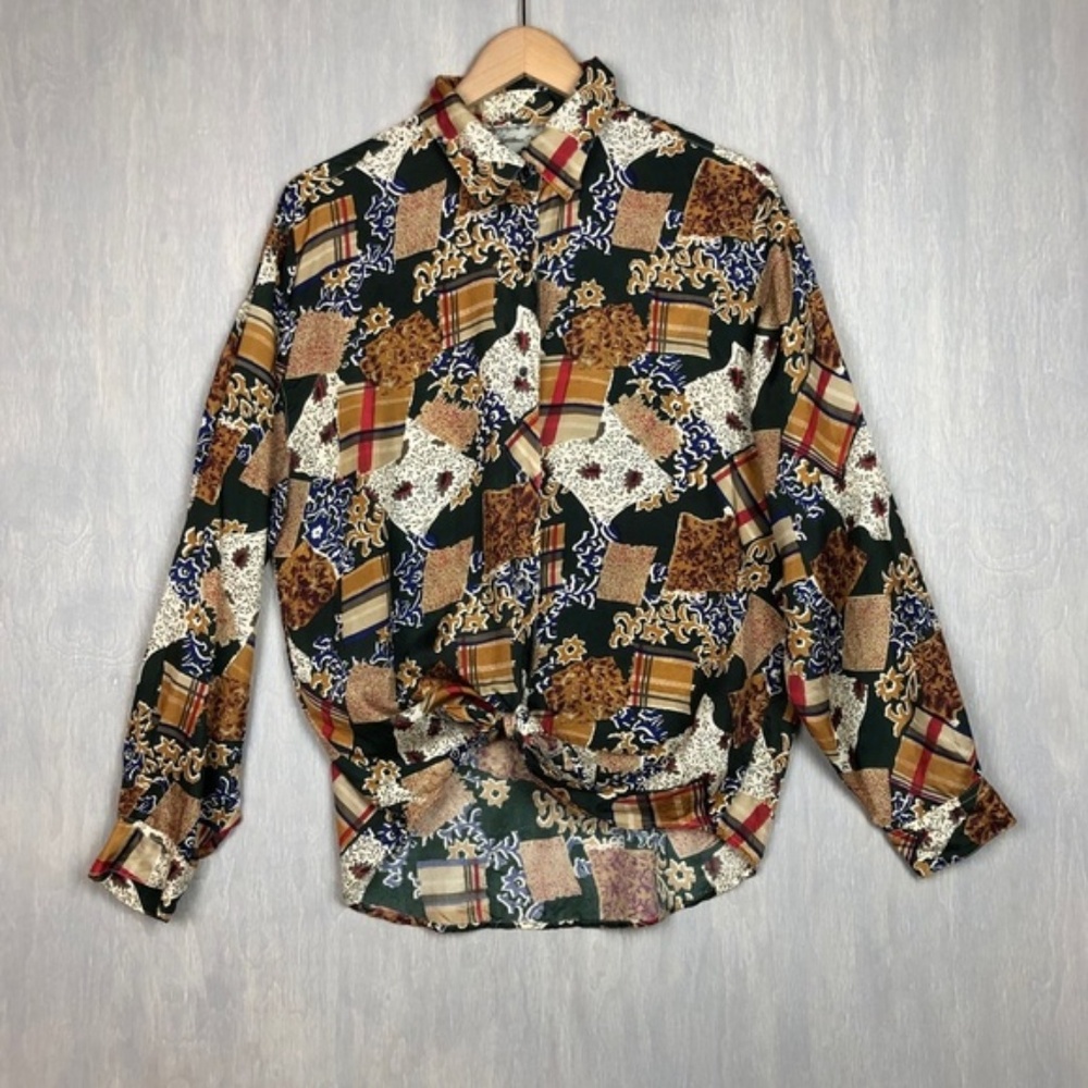 Vintage Silk Patchwork Print Tie Button Down - image 1